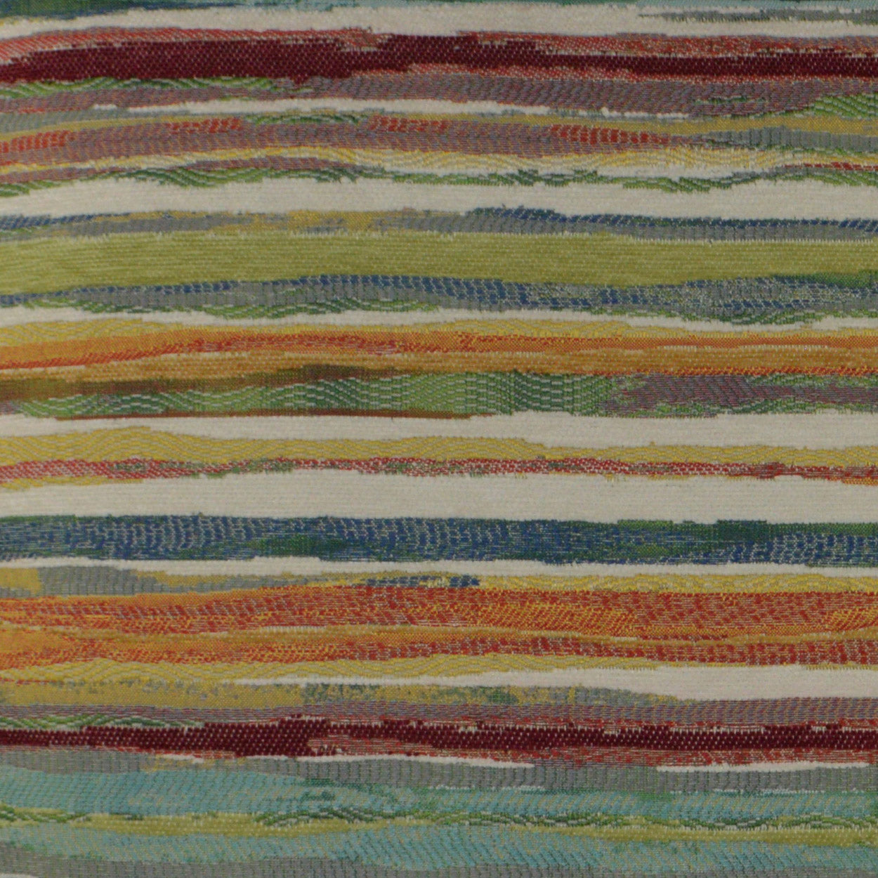 Colorful striped woven pillow with horizontal bands in red, orange, yellow, green, and blue.