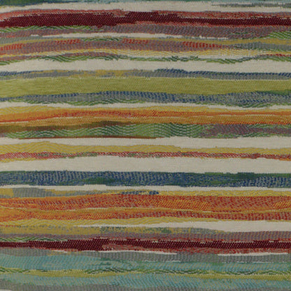 Colorful striped woven pillow with horizontal bands in red, orange, yellow, green, and blue.