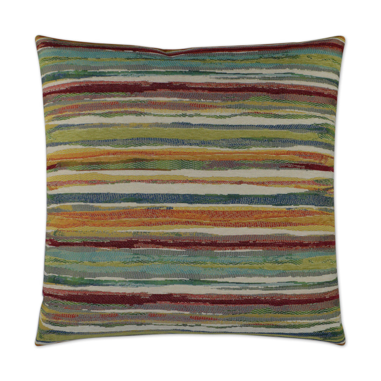 Square decorative pillow with multicolor horizontal stripes; woven fabric in greens, blues, yellows, and reds.