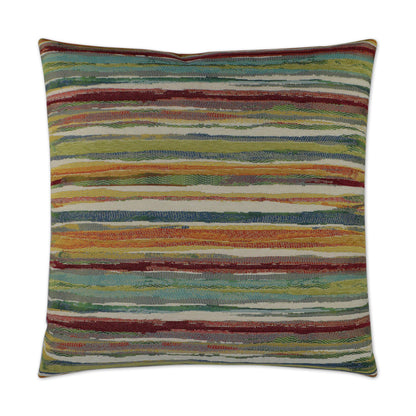 Square decorative pillow with multicolor horizontal stripes; woven fabric in greens, blues, yellows, and reds.