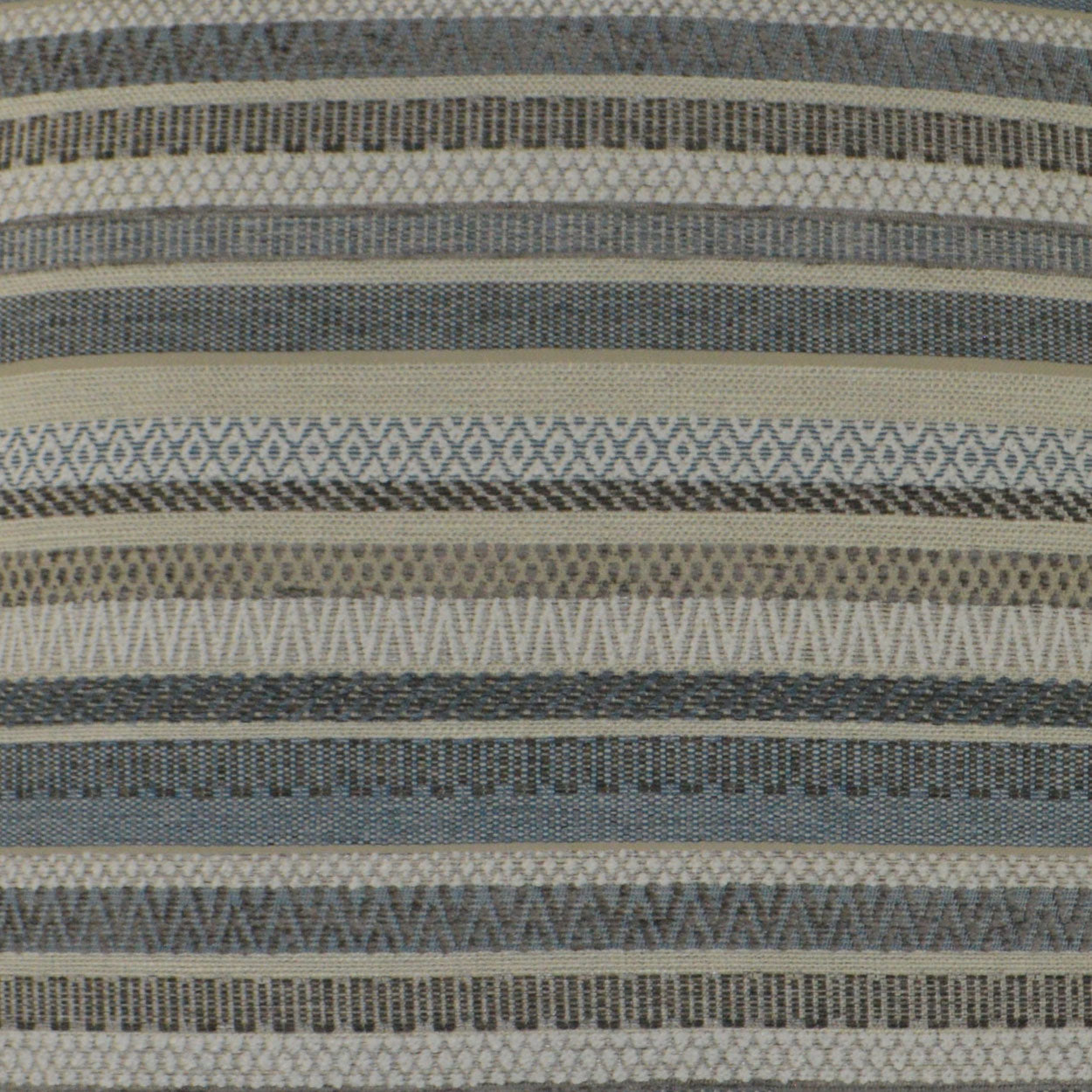 Horizontal striped woven fabric in blue, gray and beige with geometric patterns and textured weave.