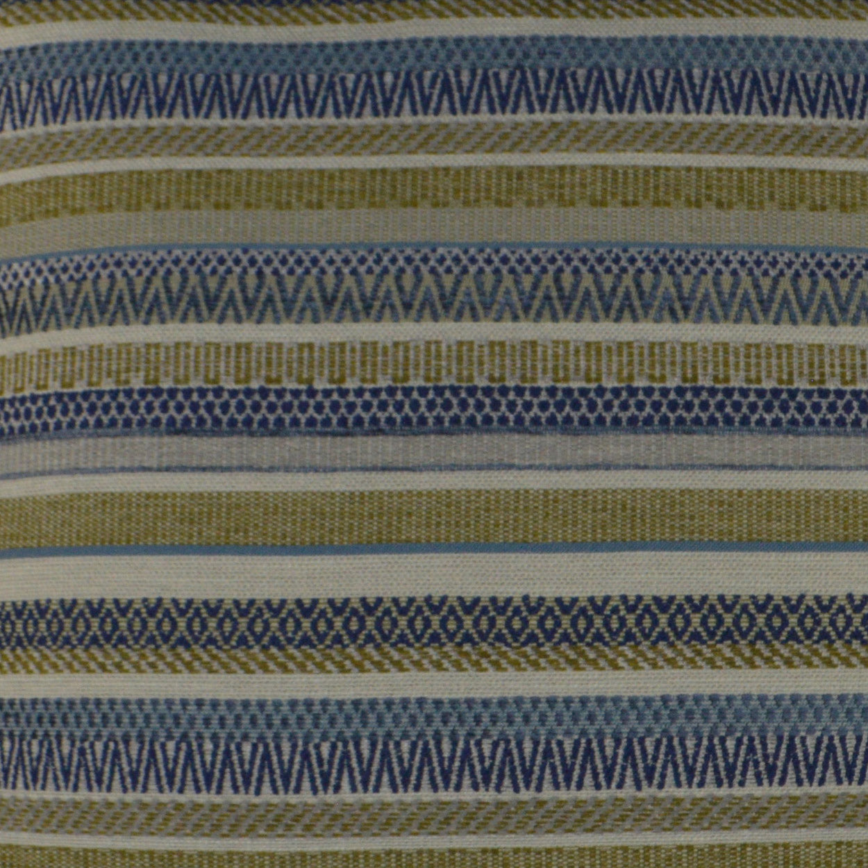 Woven striped fabric with blue, navy, beige and olive bands featuring chevron and geometric patterns.