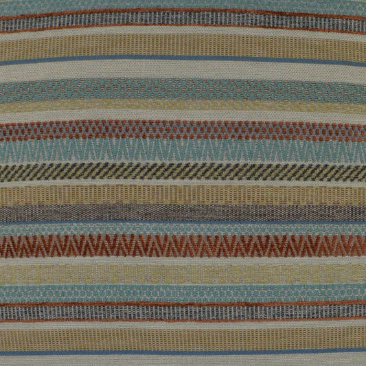 Woven striped fabric in teal, turquoise, beige, mustard, brown and orange with chevron and dotted patterns.