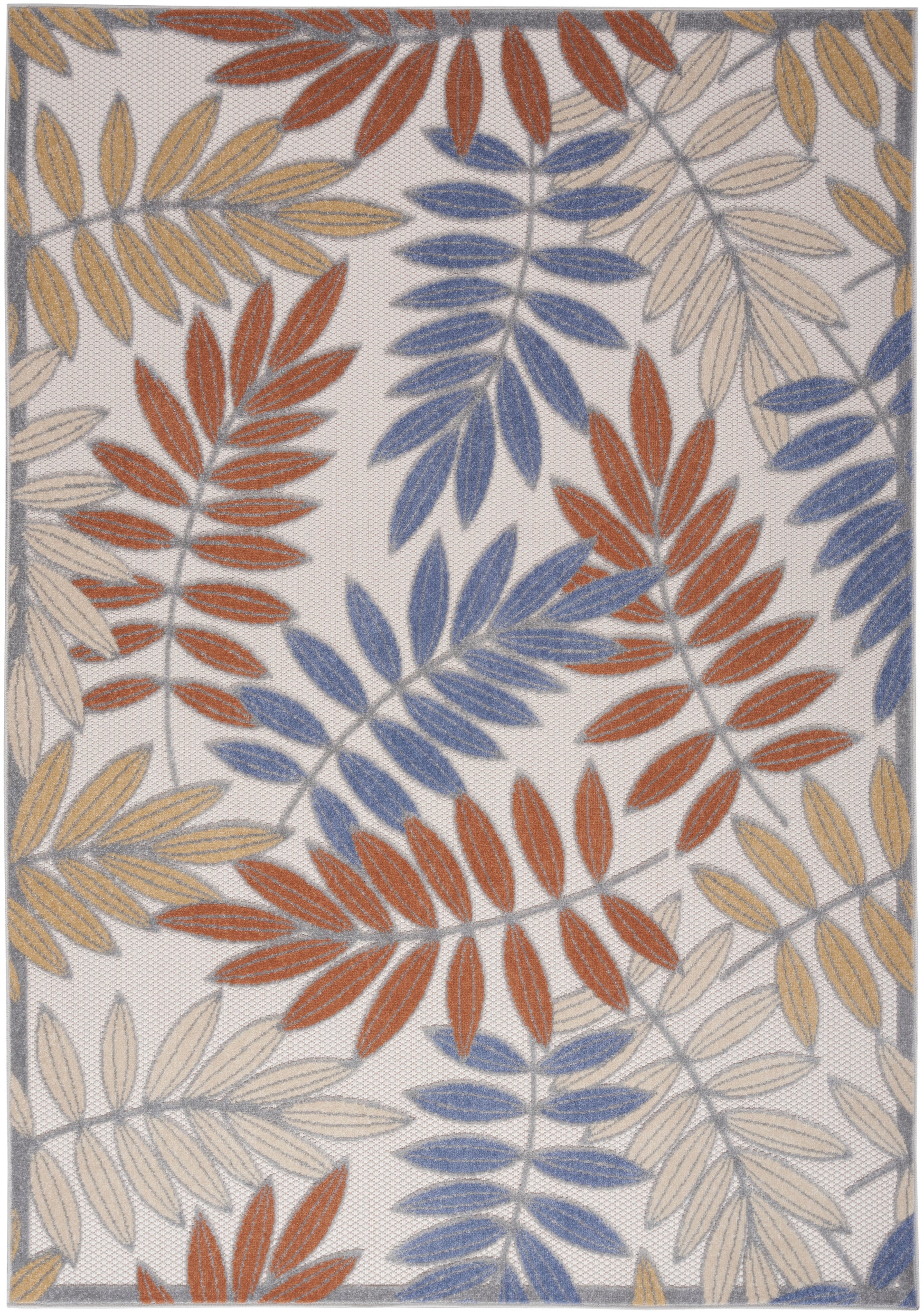 Leaf-pattern rug with blue, rust-orange, and beige leaves on a light backdrop; woven texture with bordered edges.