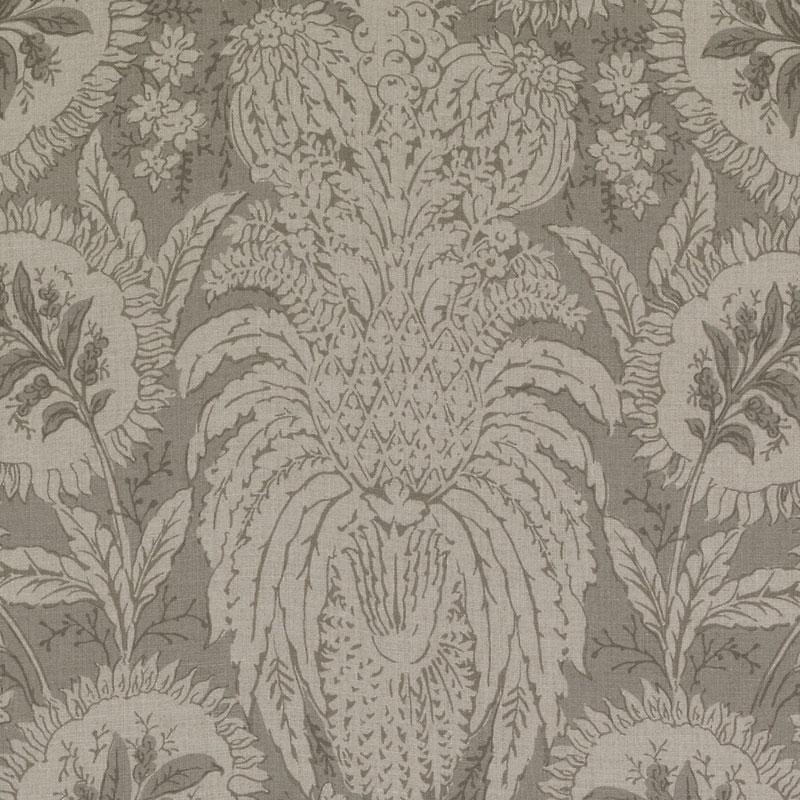 Taupe & cream damask wallpaper with ornate botanical motif; classic jacquard-style pattern for walls.