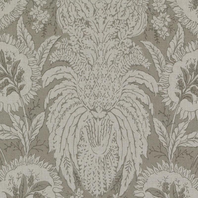Beige taupe damask wallpaper with large palm leaf motifs and intricate floral detailing; classic decorative pattern.