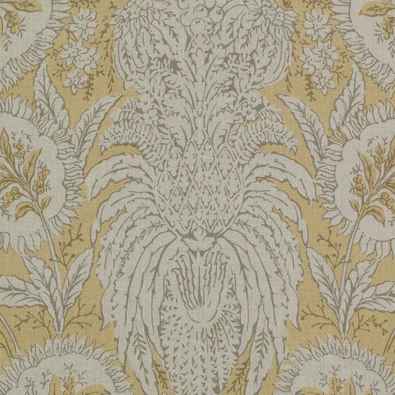 Ivory botanical damask palm-leaf pattern on mustard yellow background; elegant wallpaper or upholstery fabric.