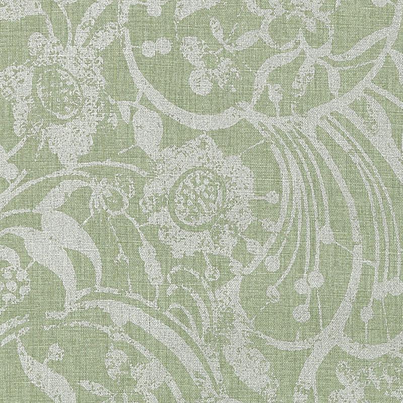 Sage green damask floral pattern on textured fabric; elegant upholstery or drapery material.