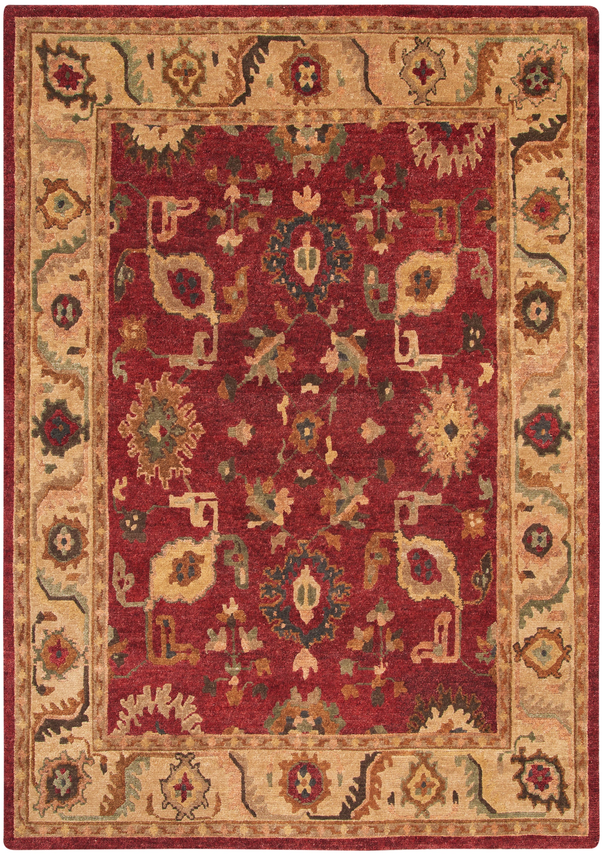 Classic oriental rug with deep red central field and beige floral border in blue, gold, and green.