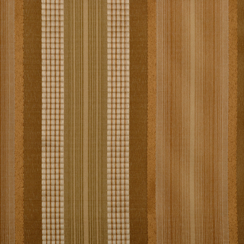 Warm brown and beige striped woven upholstery fabric with varied textures and grid-like accents.