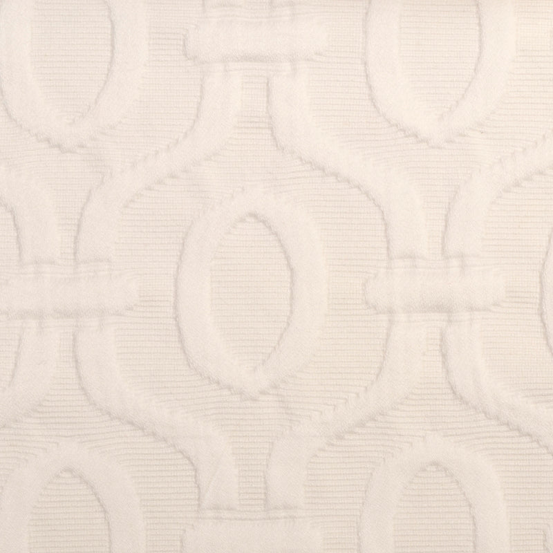 Cream textured fabric with an embossed interlocking oval chain pattern, upscale upholstery textile.