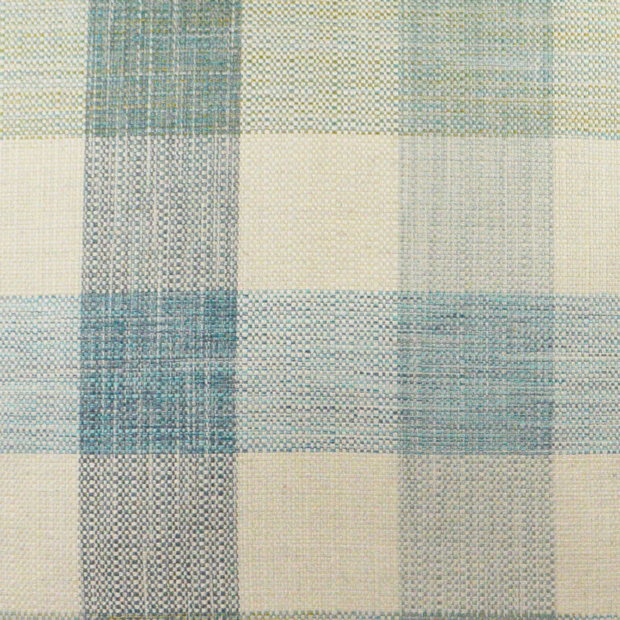 Beige plaid woven fabric with blue and teal checks and a textured weave.
