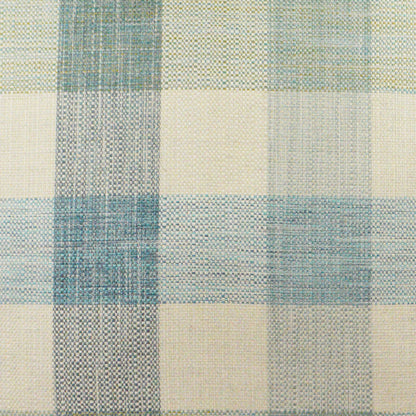 Beige plaid woven fabric with blue and teal checks and a textured weave.