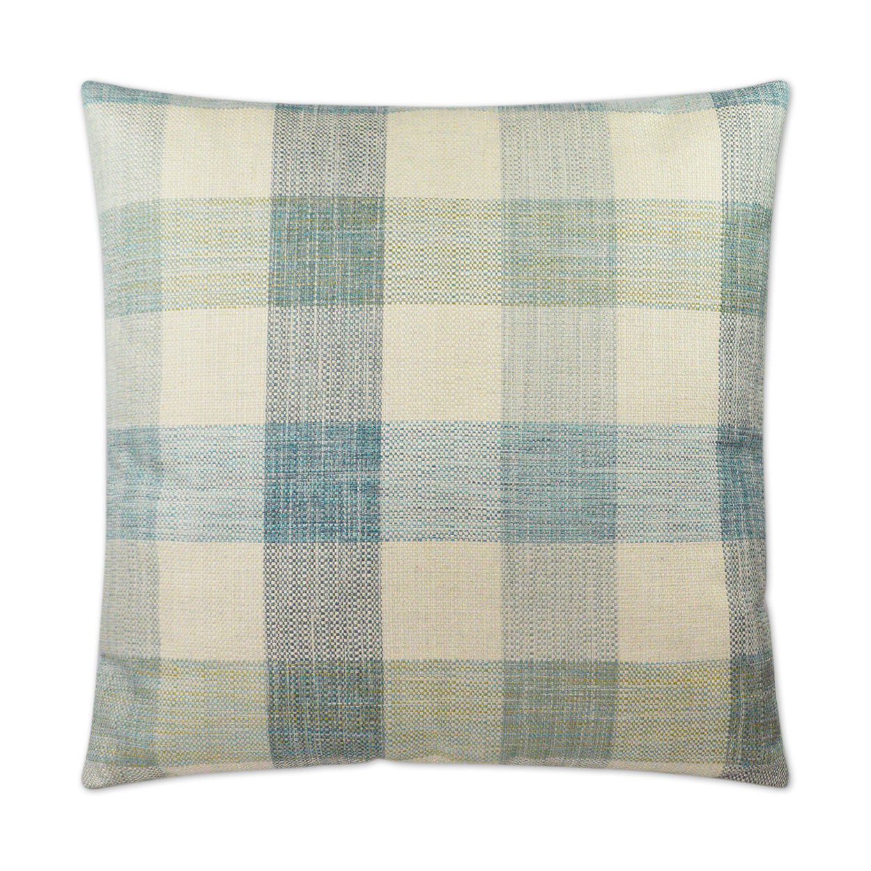 Square cushion with aqua plaid check woven fabric; decorative pillow.