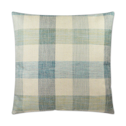 Square cushion with aqua plaid check woven fabric; decorative pillow.
