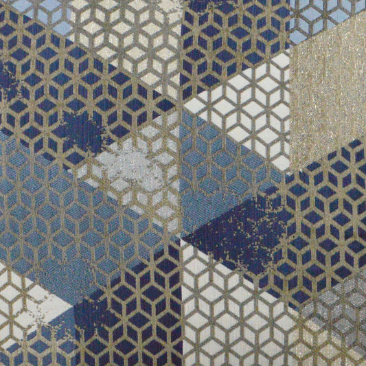 Geometric hex honeycomb fabric in navy, blue, beige and ivory with metallic gold outlines on diamond patches.