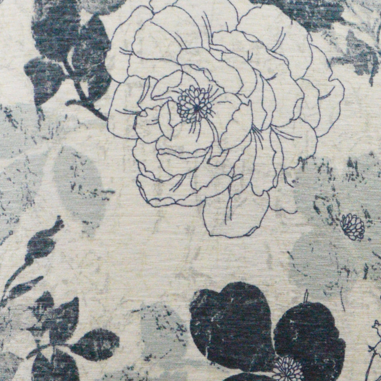 Cream fabric with navy blue line-drawn peony florals, decorative textile for upholstery or drapery.