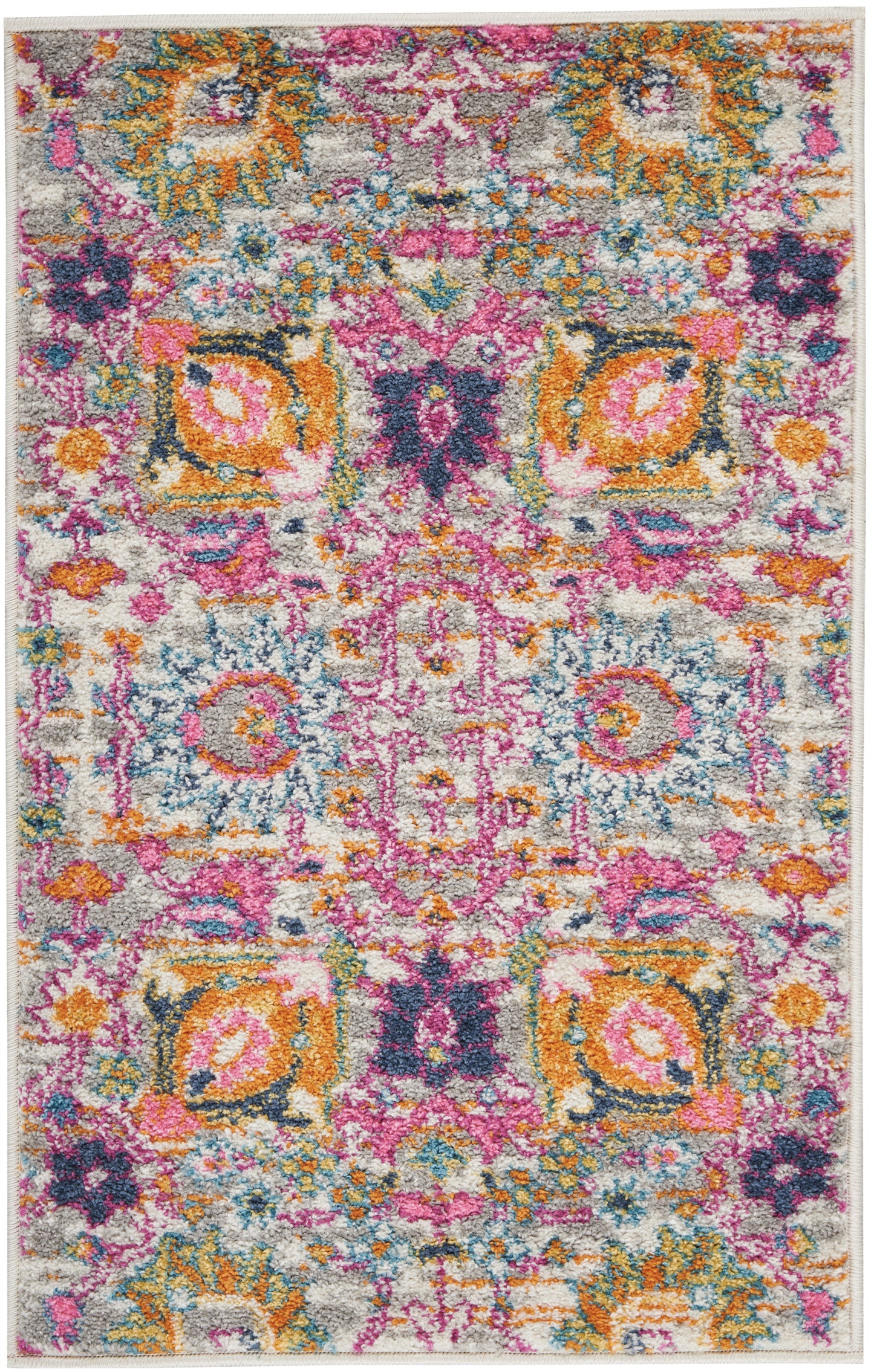 Vibrant boho rug with pink, orange, teal and purple floral medallions on light gray; plush, rectangular area rug.