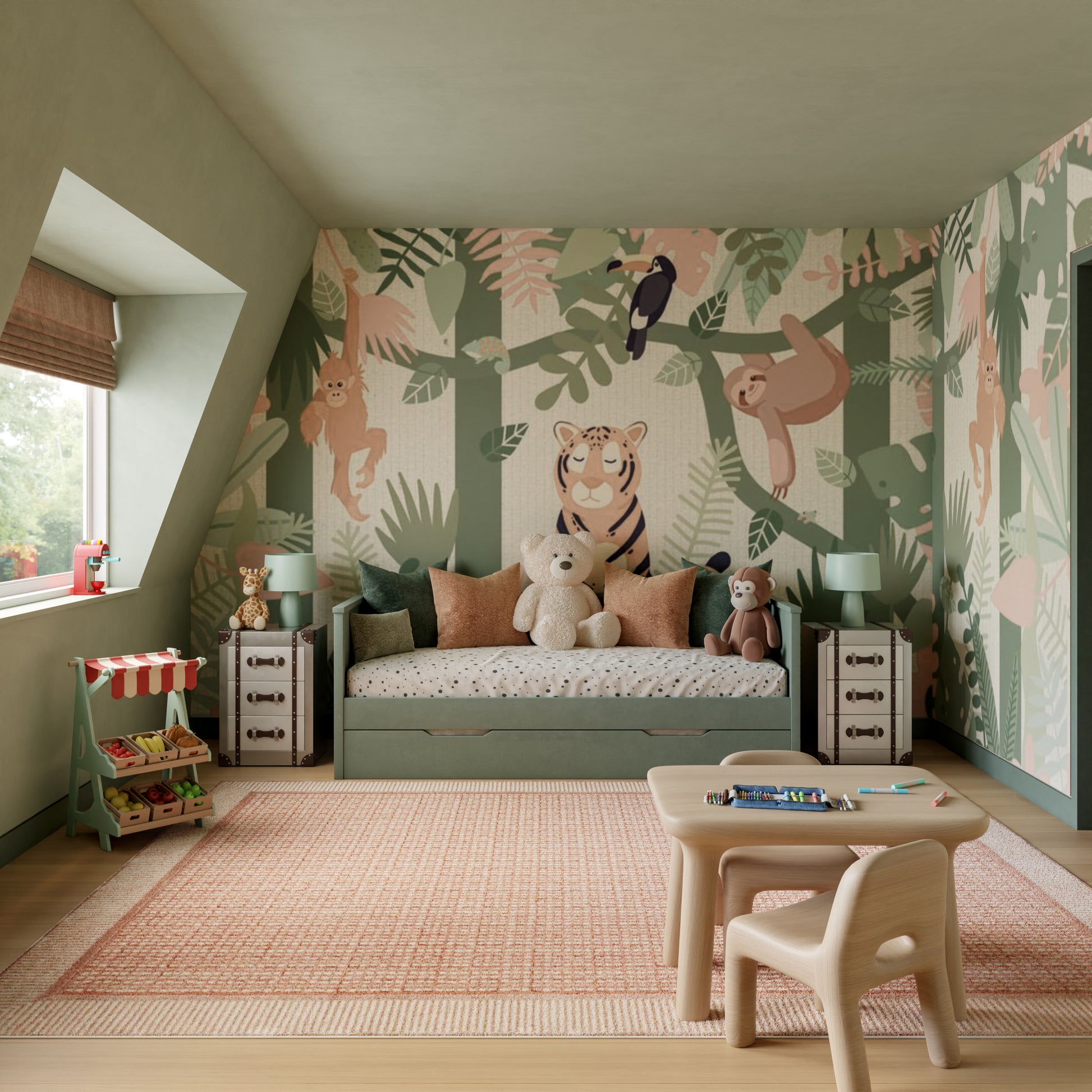 Kids bedroom with jungle mural wallpaper, pastel green walls, cozy daybed, stuffed animals, wooden table and chairs.