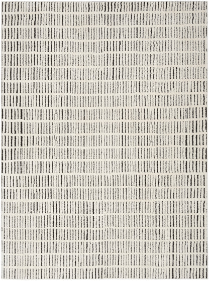 Beige woven area rug with black vertical dash pattern in evenly spaced horizontal rows.