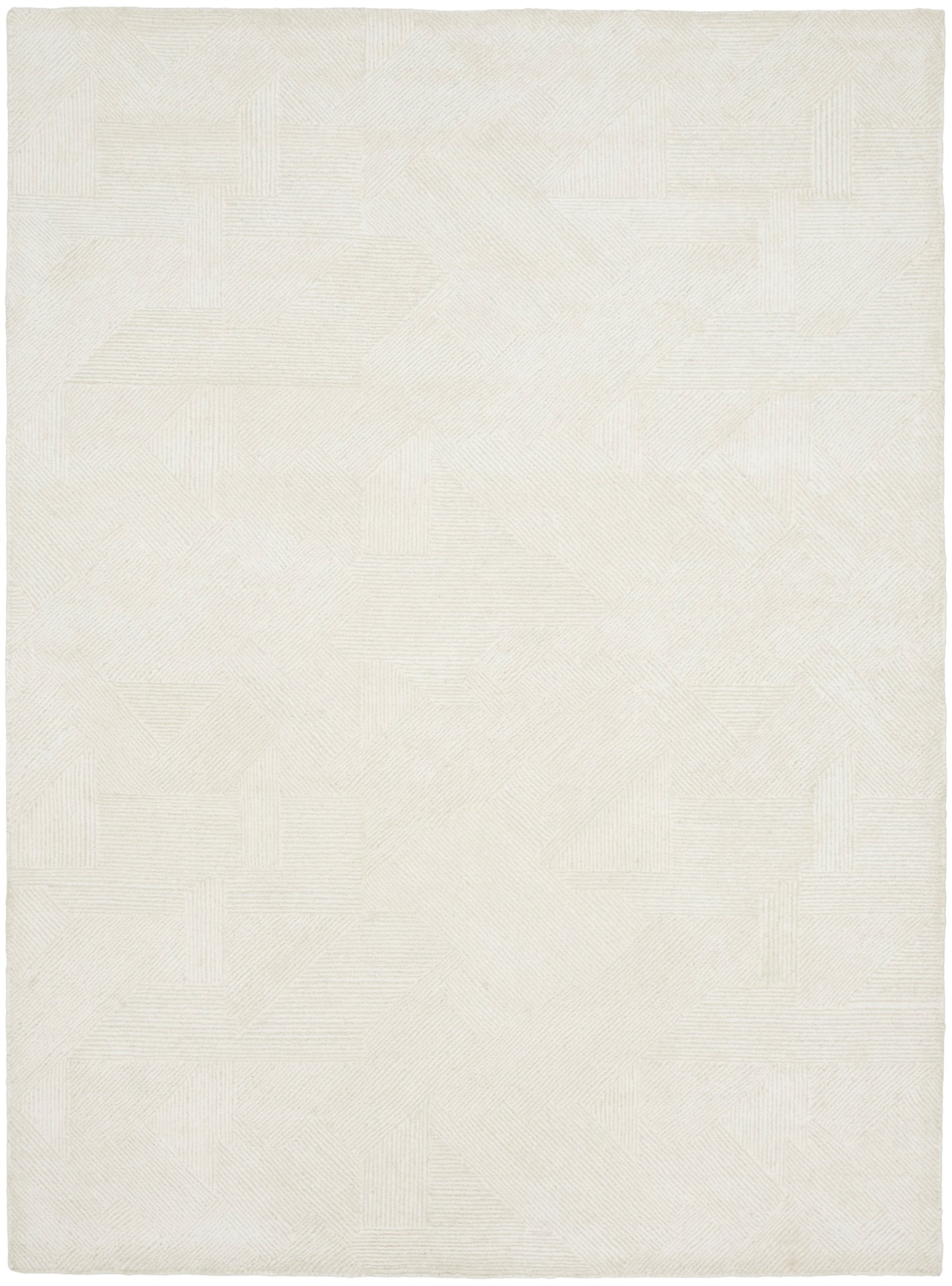 Cream woven area rug with subtle geometric patchwork of linear squares and triangles; soft textured finish.