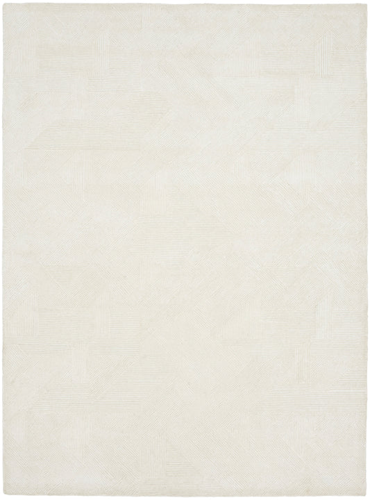 Cream woven area rug with subtle geometric patchwork of linear squares and triangles; soft textured finish.