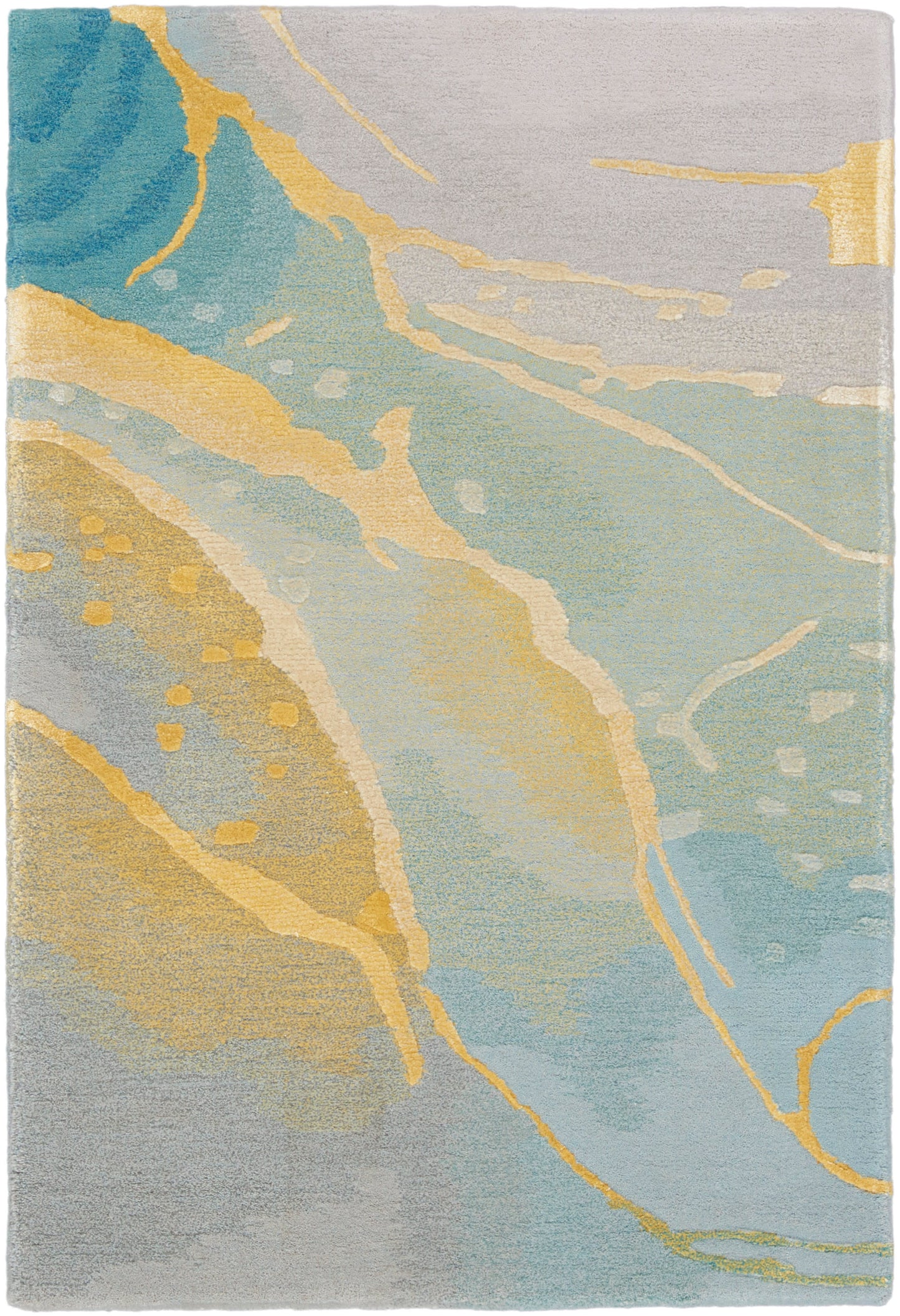 Abstract pastel area rug with blue, gray, & gold marble-like lines; soft plush pile for modern coastal decor.