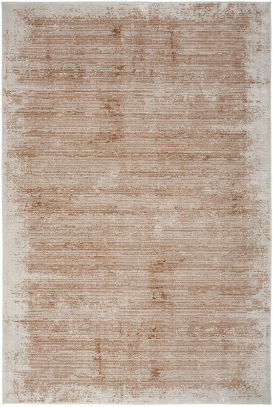 Beige distressed area rug with rust-brown flat-weave texture and subtle horizontal bands.
