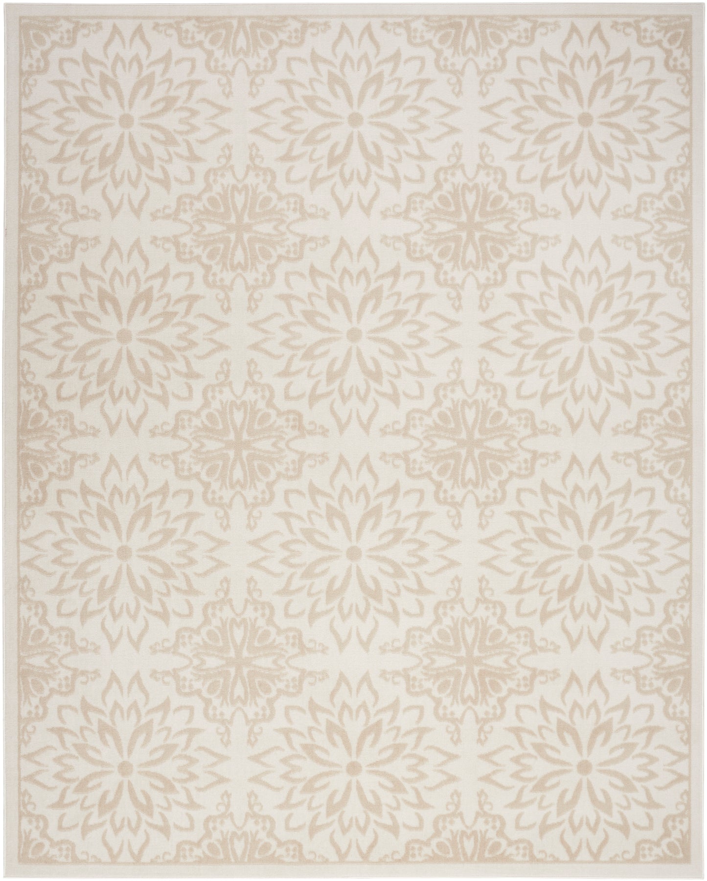 Cream-beige area rug with repeating pale taupe starburst floral mandala motifs and a delicate border.