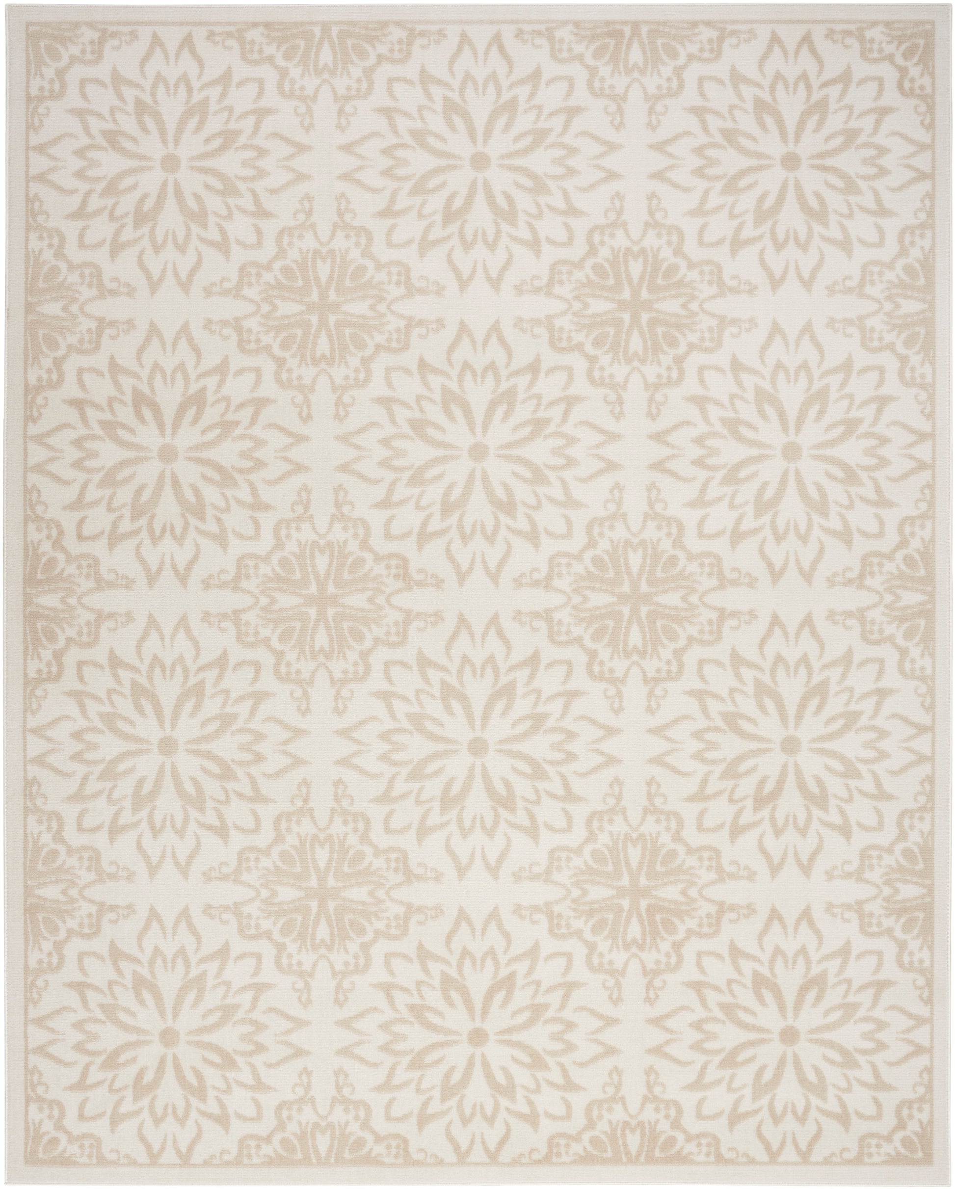 Cream-beige area rug with repeating pale taupe starburst floral mandala motifs and a delicate border.