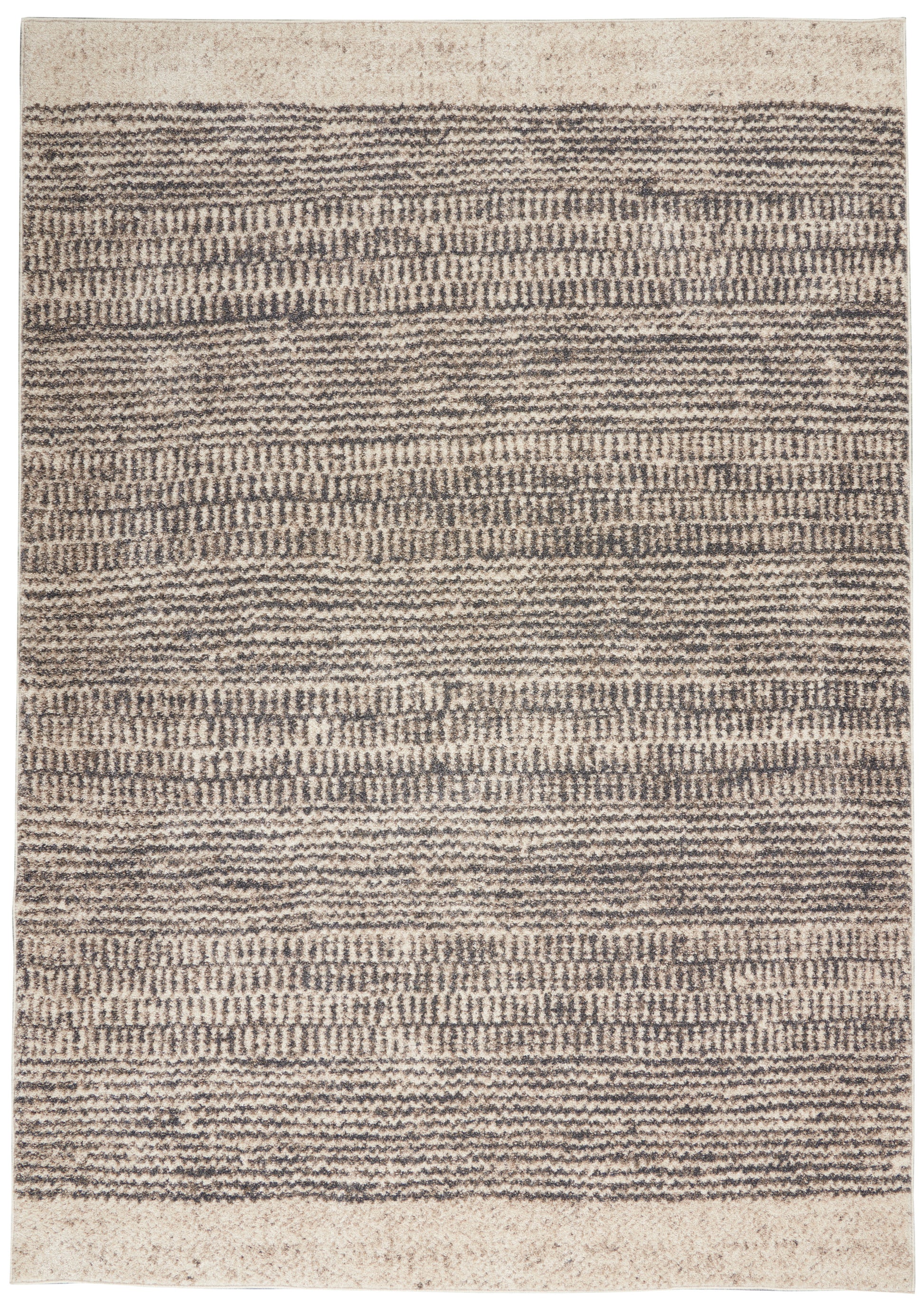 Rectangular beige and brown woven rug (3' x 5') with textured horizontal stripes and a soft, shaggy surface.