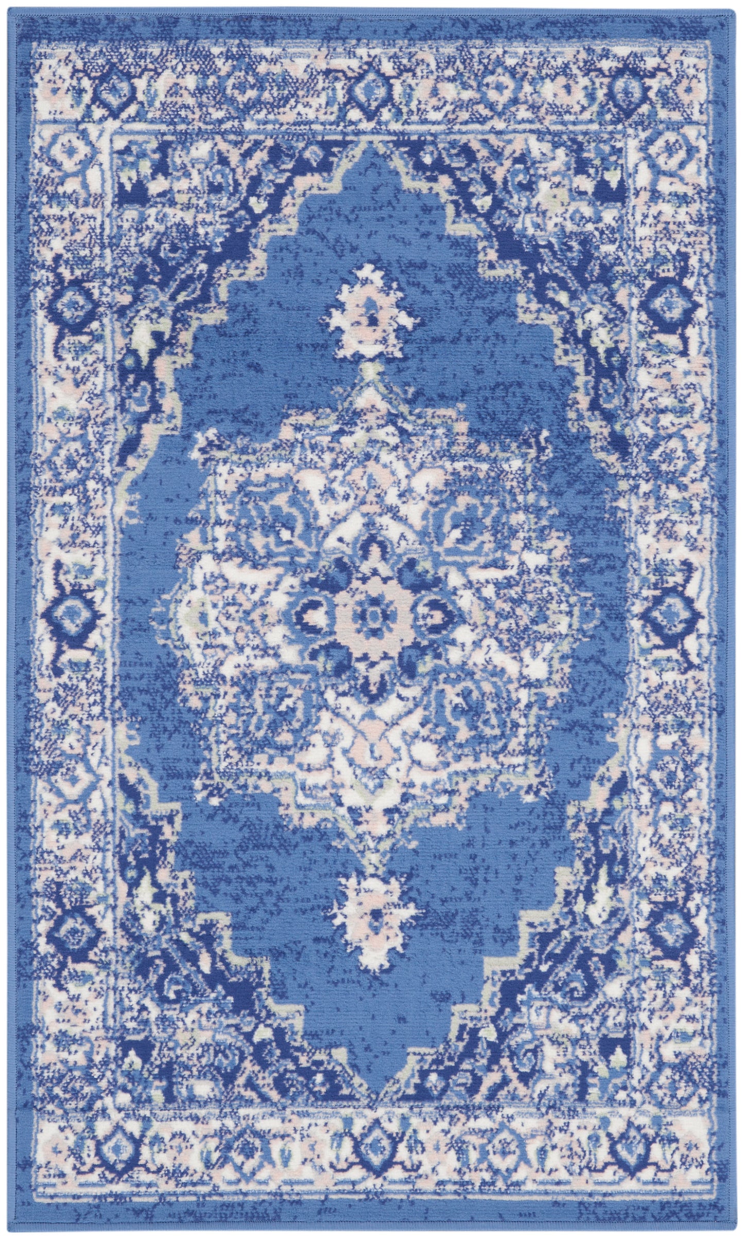Blue and white oriental-style area rug with a central medallion and ornate border; rectangular.
