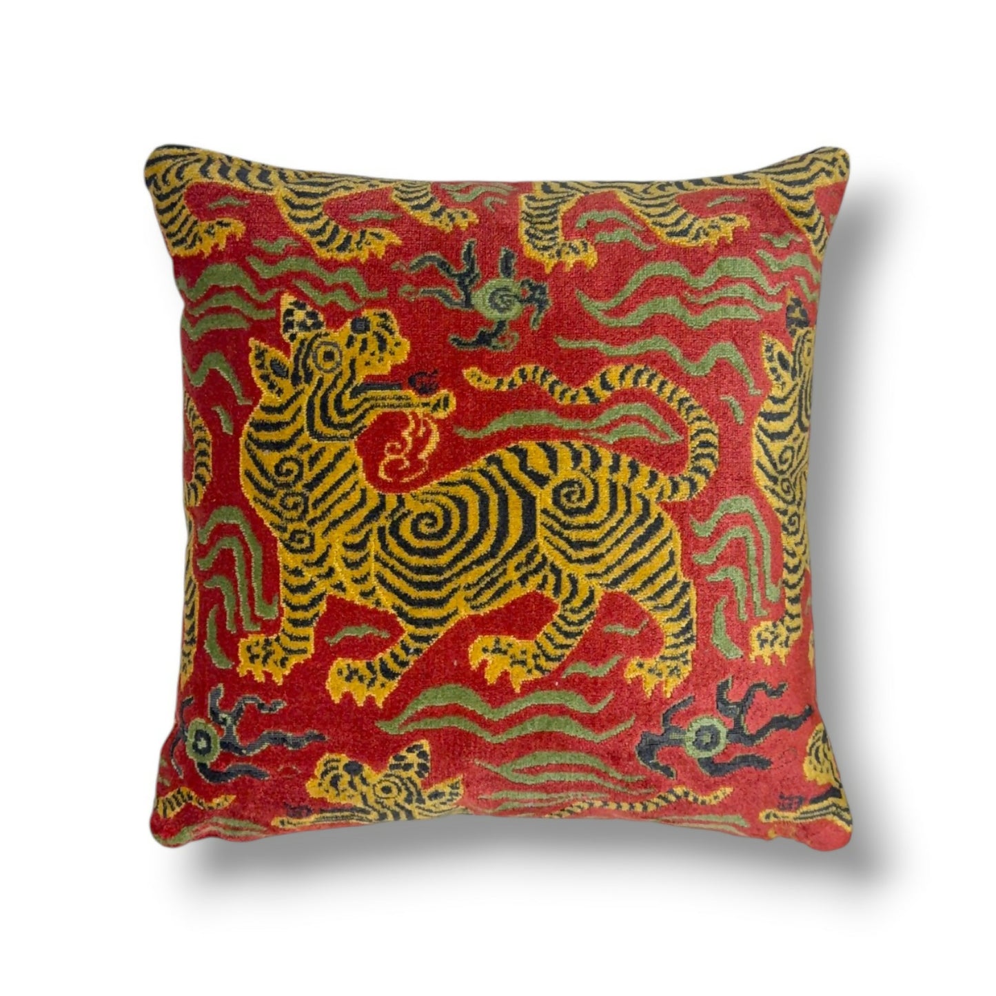 20-inch linen-cotton blend pillow cover in cinnabar, red and gold.
