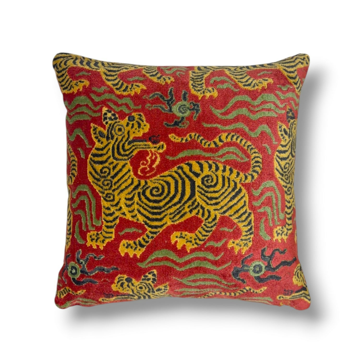 20-inch linen-cotton blend pillow cover in cinnabar, red and gold.