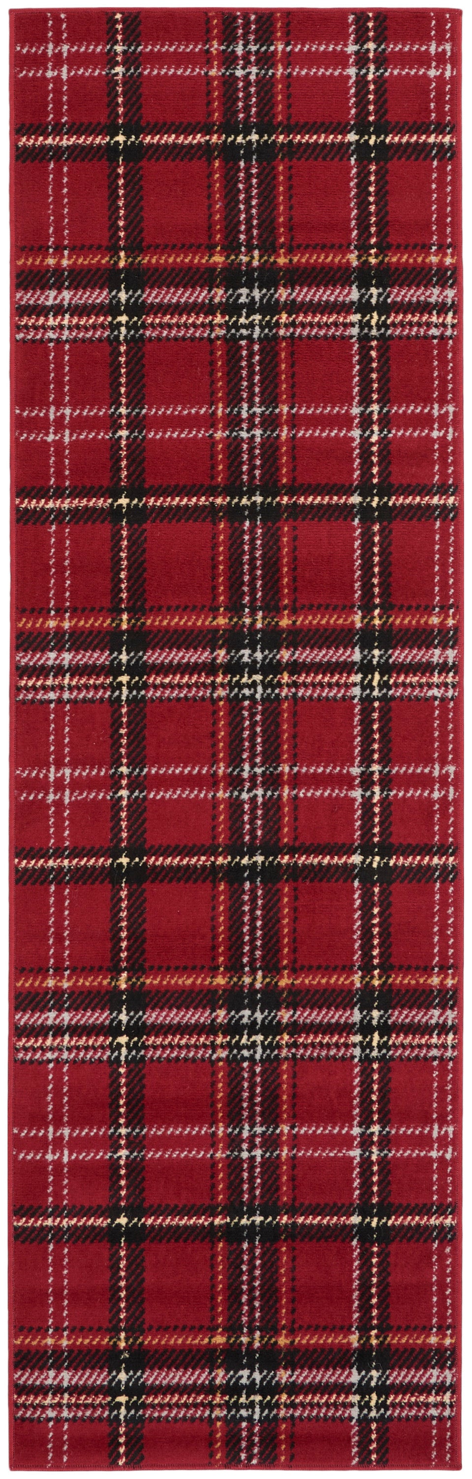 Red plaid runner rug with black, white, and gold stripes.