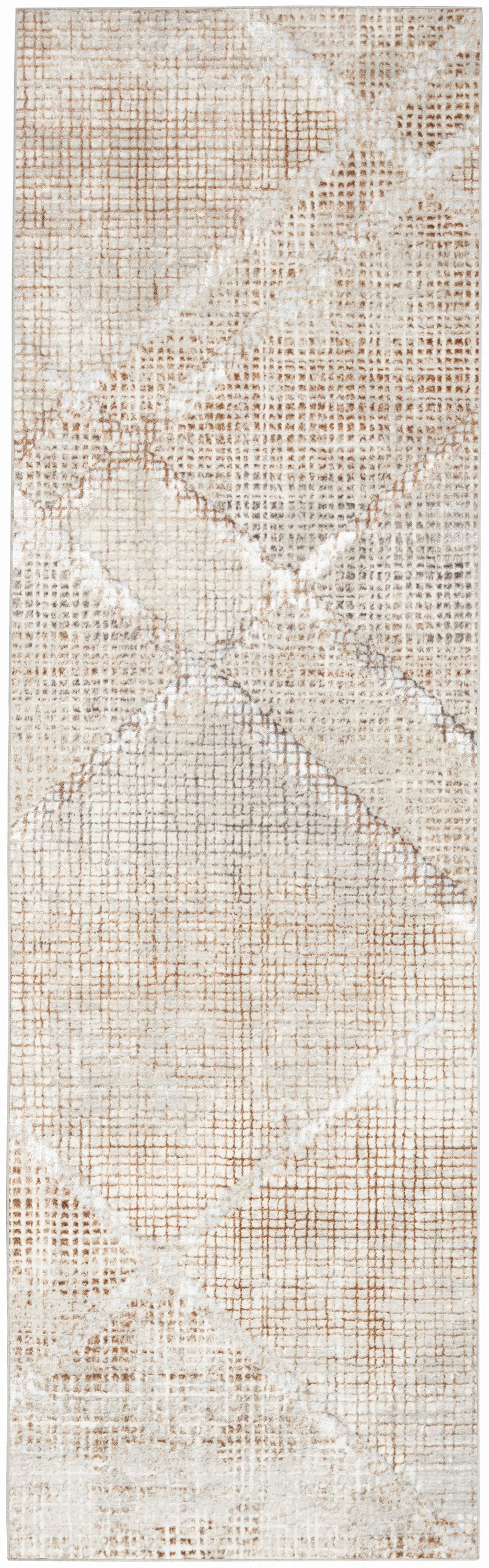 Beige distressed geometric rug runner with diamond motifs in taupe and ivory, woven texture.