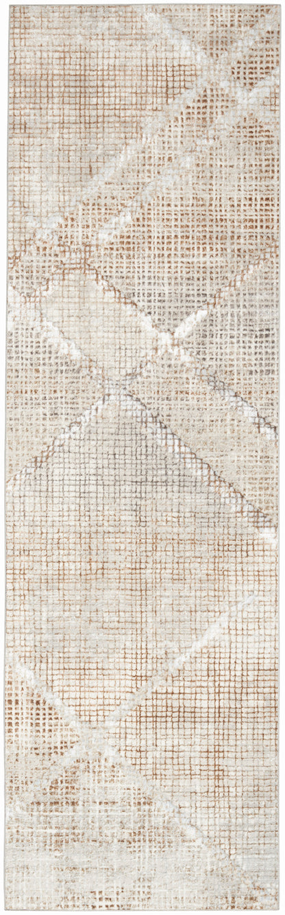 Beige distressed geometric rug runner with diamond motifs in taupe and ivory, woven texture.