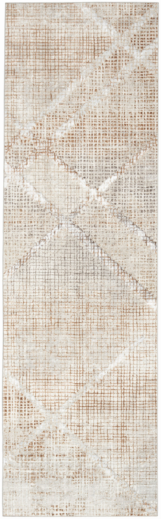 Beige distressed geometric rug runner with diamond motifs in taupe and ivory, woven texture.