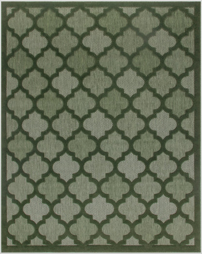 Dark green Moroccan trellis rug on olive backdrop with interlocking quatrefoil shapes and bordered edges.