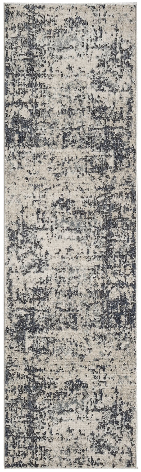Neutral beige and charcoal distressed abstract rug runner with soft pile for modern hallways.