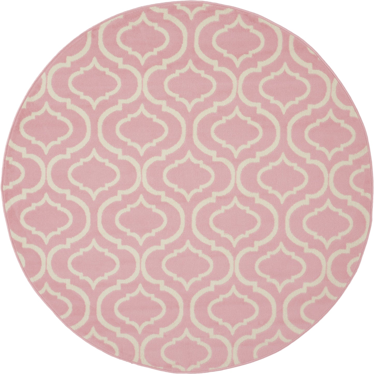 Round pink rug with cream trellis pattern.
