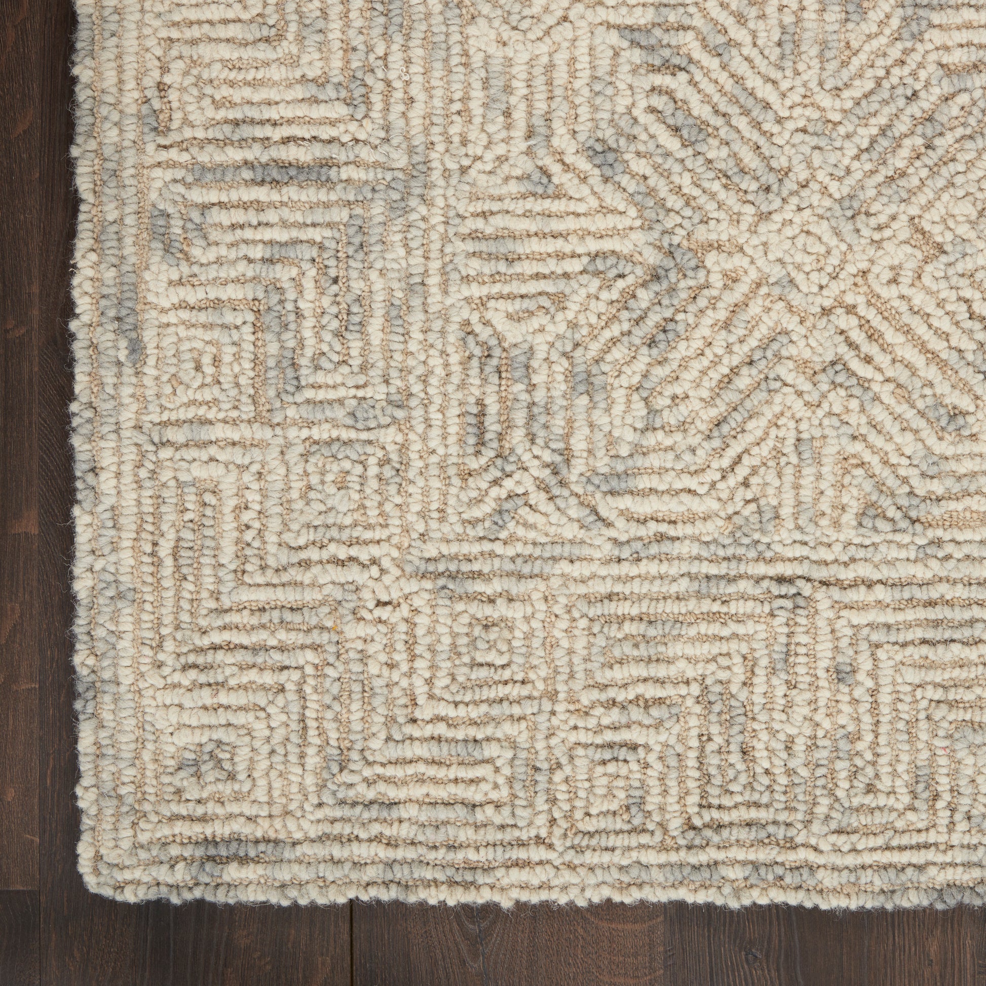 Beige and gray geometric tufted area rug with a textured maze-like pattern on a dark wood floor.