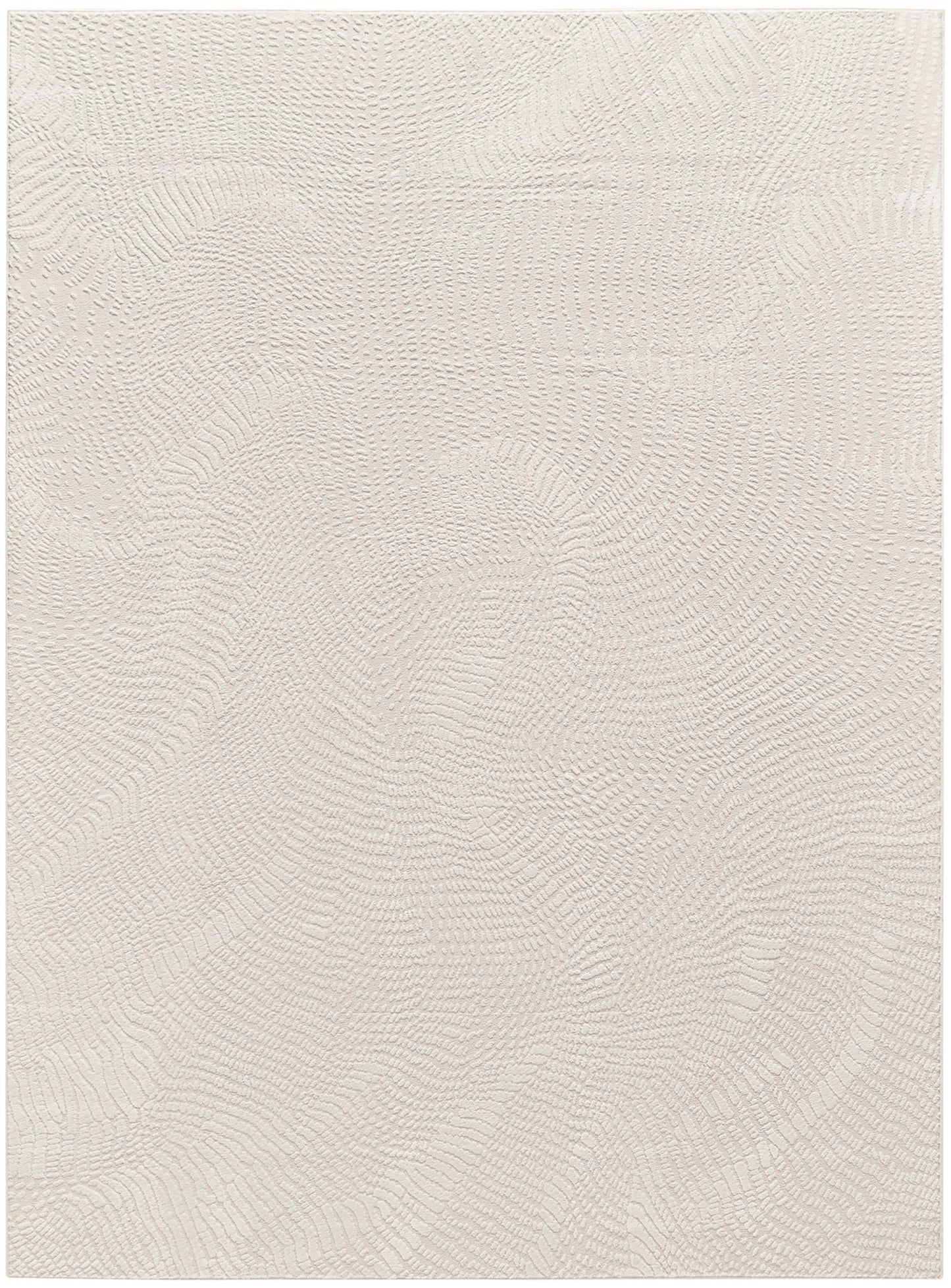 Cream textured rug with subtle circular swirl pattern and soft looped pile for neutral modern decor.