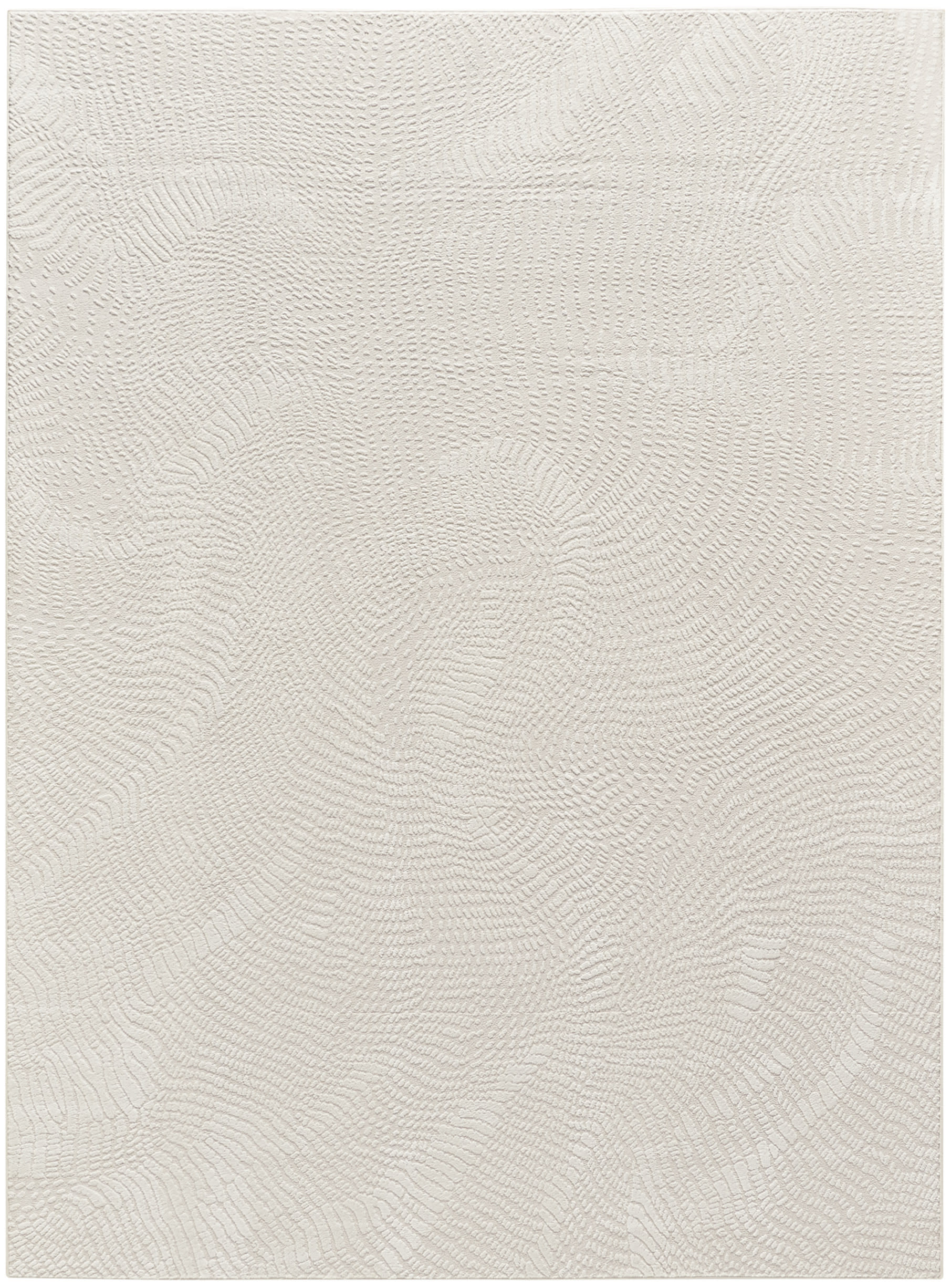 Cream textured rug with subtle circular swirl pattern and soft looped pile for neutral modern decor.