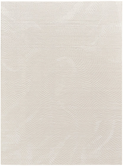 Cream textured rug with subtle circular swirl pattern and soft looped pile for neutral modern decor.
