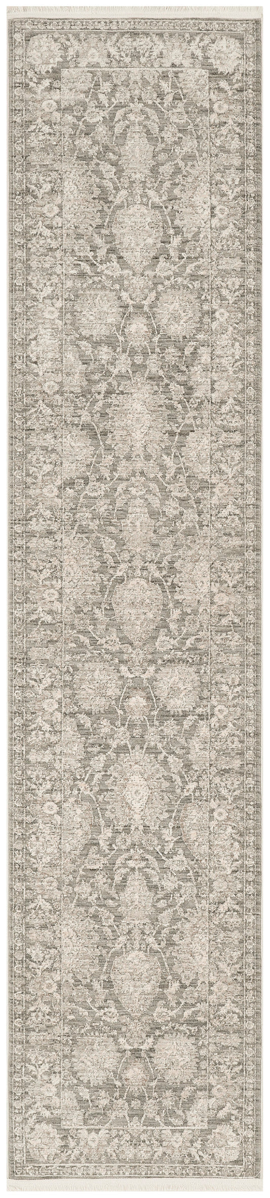 Distressed beige and gray oriental runner rug with floral medallion border, low-pile hallway decor.