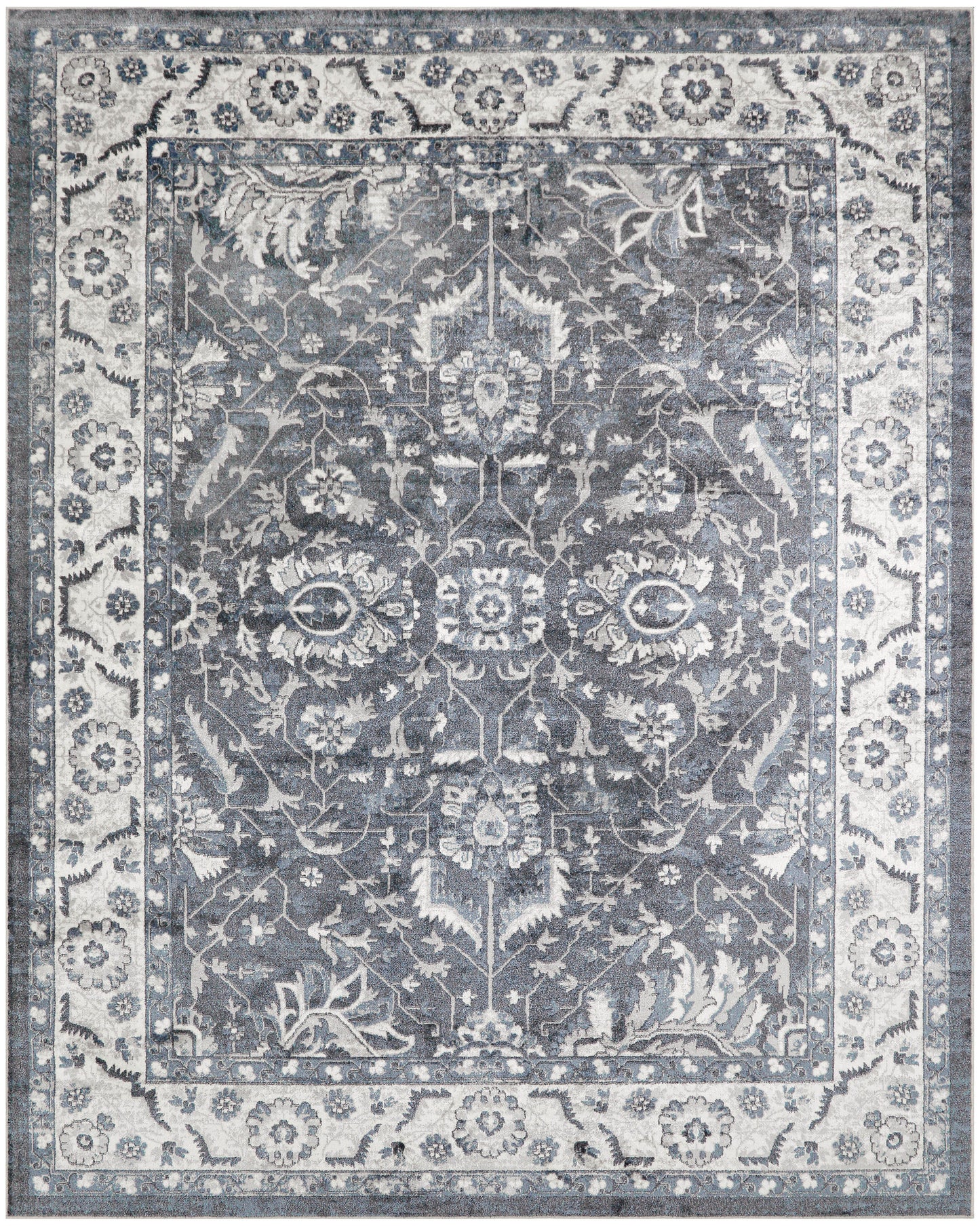Rectangular blue-gray oriental area rug with ivory floral vines and a decorative border; Persian-inspired living room decor.