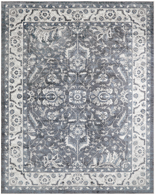 Rectangular blue-gray oriental area rug with ivory floral vines and a decorative border; Persian-inspired living room decor.