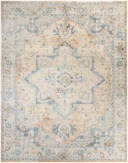 Distressed light blue and ivory oriental area rug with central medallion and floral border