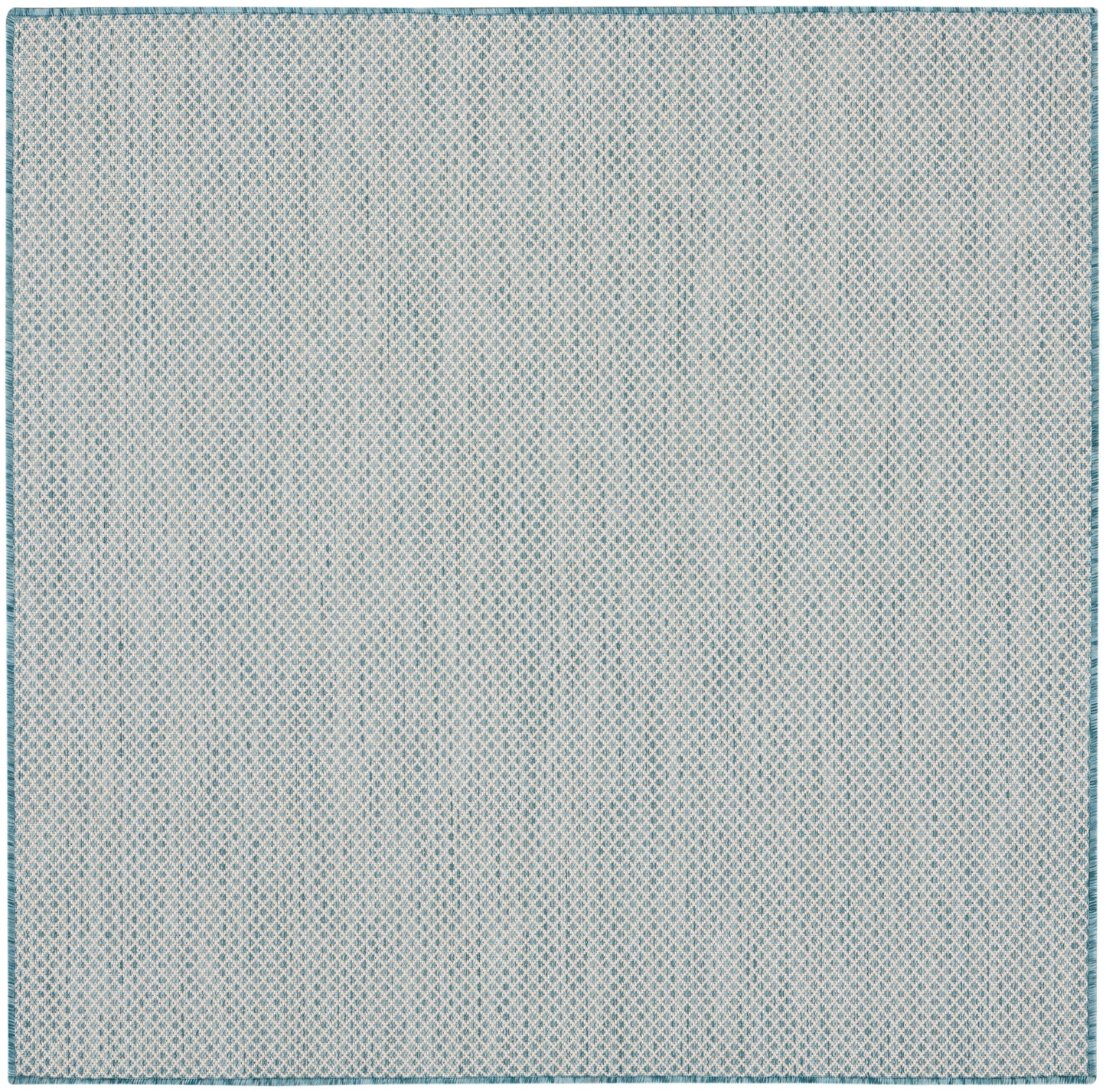 Beige woven rug with a subtle blue diamond lattice pattern and teal border.